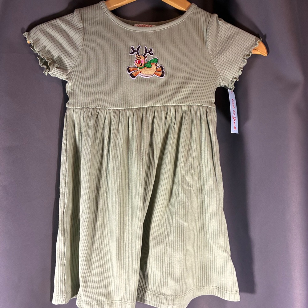 Cat & Jack Girls Dress 4T Light Olive Green Ribbed Reindeer Holiday Short Sleeve